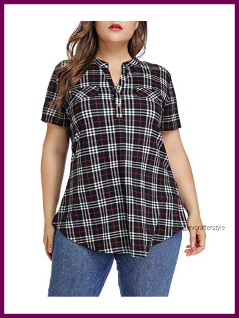 Plus Size Plaid Tunic Top Button Down Mandarin Collar Short Sleeve Blouse